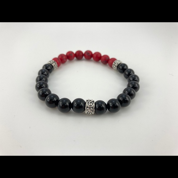 Obsidian and Red Howlite Stretch Bracelet, Handmade, 8mm Stones, 8" Long - Picture 2 of 6